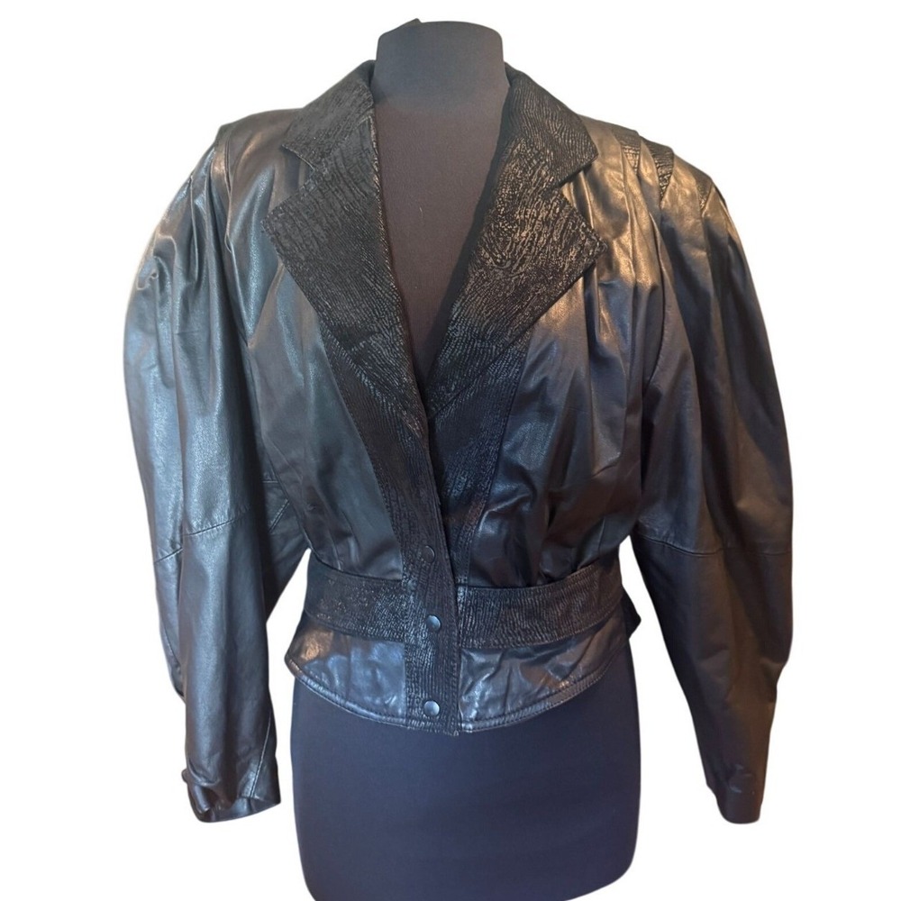 VTG 80s Laura Rene Cropped Black Leather Jacket Puff Sleeve Retro Blazer Style M